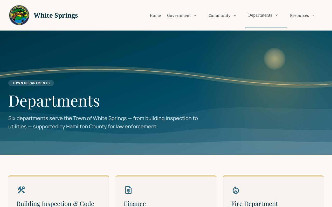 White Springs departments webpage stating that Hamilton County Sheriff's Office provides law enforcement