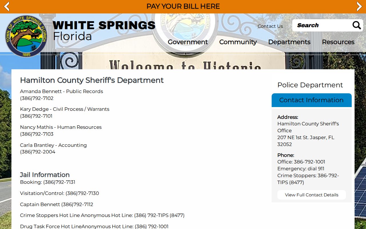 Official White Springs police directory listing Hamilton County sheriff service contacts