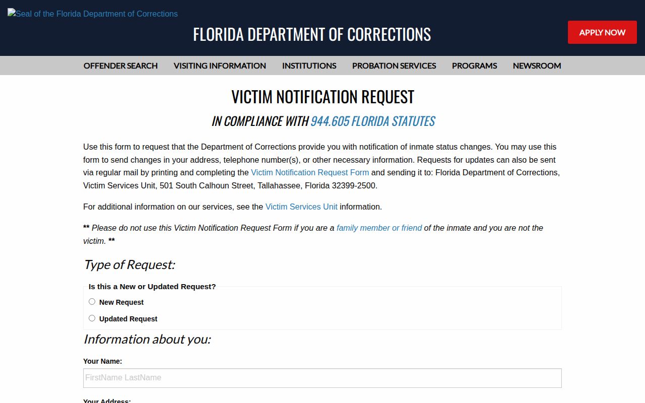 Florida Department of Corrections victim notification for Hamilton custody changes
