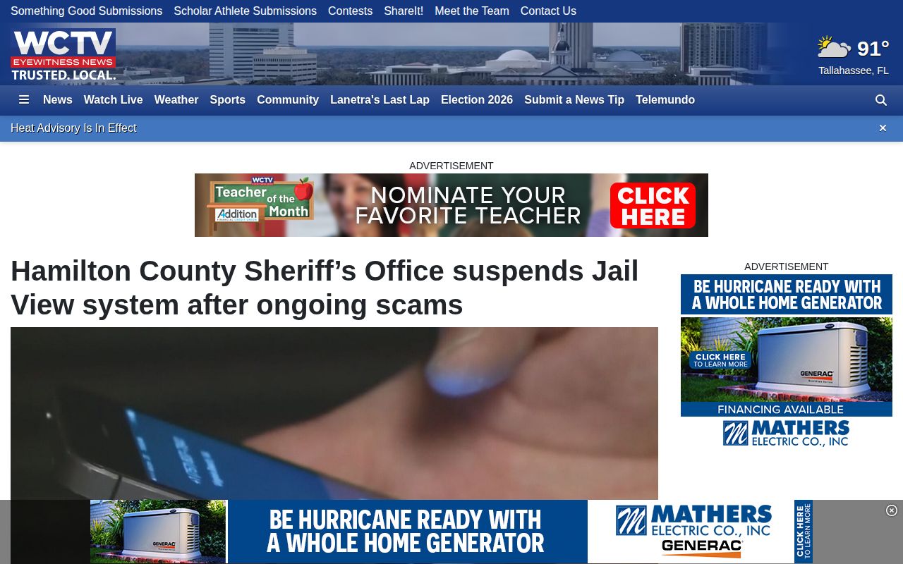 Hamilton County arrest roster outage and scam report from WCTV